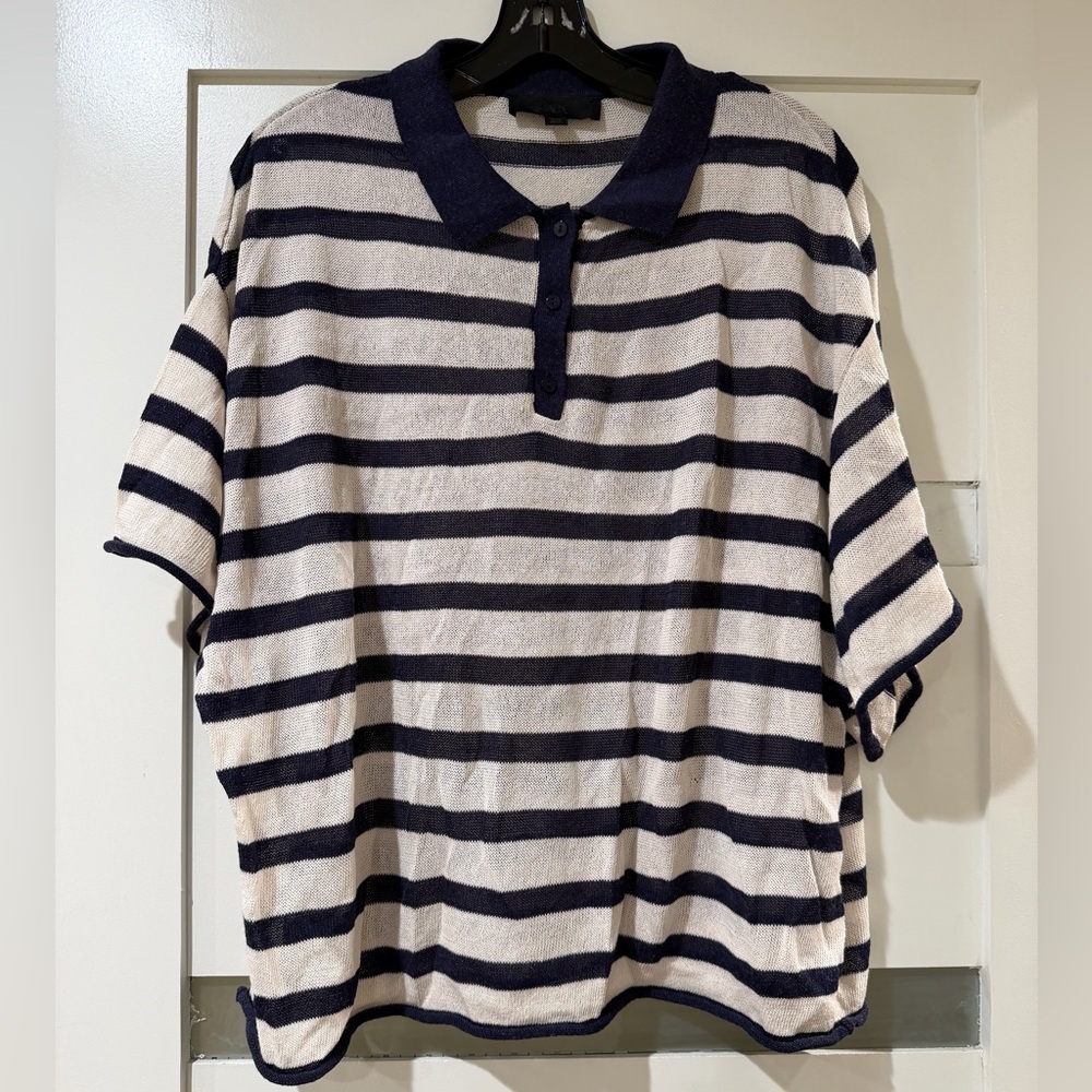 Zara Navy and Cream Striped Knit Polo